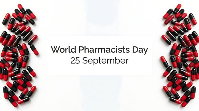 Red and black medical capsules for world pharmacists day event with pharmacy