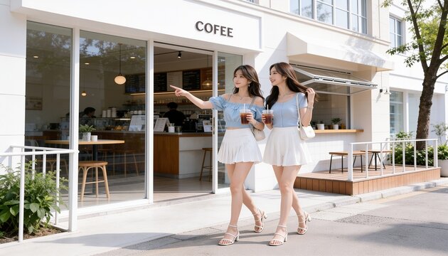 夏のカフェ前でテイクアウトドリンクを楽しむ笑顔の若い女性2人