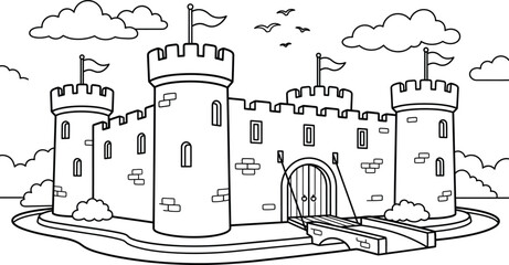 Castle-Medieval Coloring Page With Towers And Drawbridge