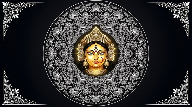 Golden goddess durga portrait inside intricate ornamental mandala background
