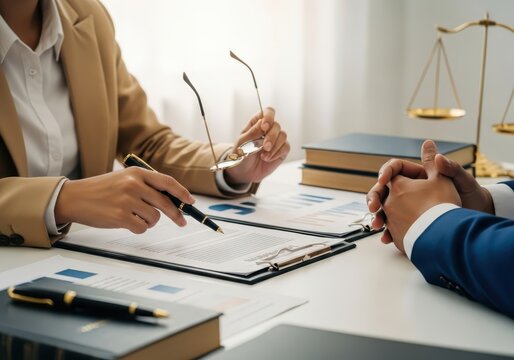 Professional Lawyer or Legal Consultant Explaining Contract Terms to Client in Office with Scales of Justice