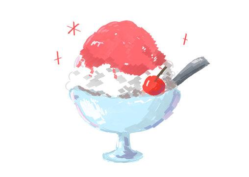 Cute hand drawn japanese shaved ice dessert kakigori with red strawberry syrup and cherry in a glass bowl, digital crayon painting isolated on a white background.