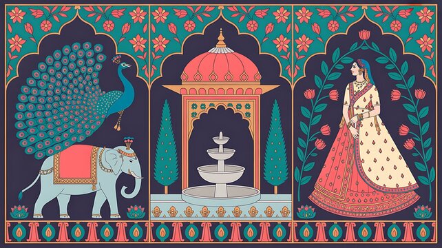 Indian mughal emperors procession riding decorated elephants