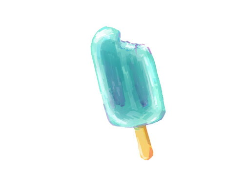 Cute hand drawn blue popsicle with a bite mark on a wooden stick, refresh summer ice cream digital crayon painting isolated on a white background.