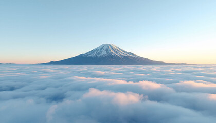 Fototapeta premium Minimal vector landscape featuring Mount Fuji above soft clouds with peaceful blue tones. Ideal for travel branding, Japan themes, meditation visuals, posters, wallpapers, and nature designs.