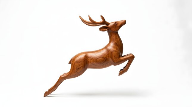 A beautiful wooden carving of a jumping deer with large antlers isolated on a plain white background showing fine craftsmanship and artistic detail