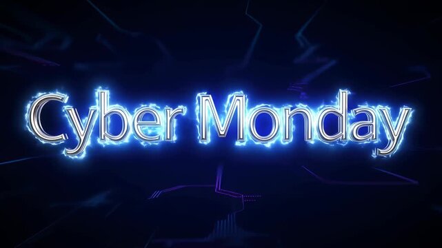 Static shot of glowing blue metallic "Cyber Monday" text with electric lightning and digital lines on dark technology background