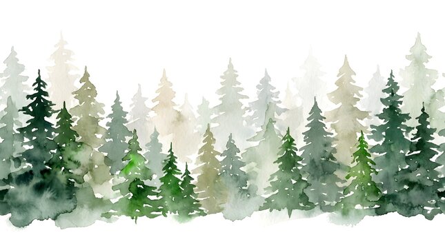 A beautiful watercolor painting of a misty pine forest border featuring layers of evergreen trees isolated on a clean white background for design projects