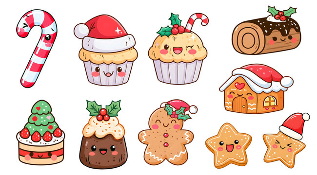 Cartoon animation set of christmas dessert, pudding custard cake, Cupcake muffin, candy cane, chocolate log cake, Gingerbread man star cookie biscuit house on transparent cutout PNG Mockup