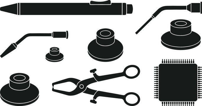 Vacuum Suction Pen and Microchip Extraction Vector Silhouette Set with IC Pickup Tools, Tweezers, Sucker Pads, and SMT Repair Equipment