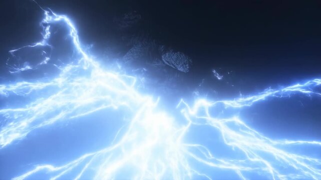 Static shot of bright blue electric lightning and thunderbolt energy sparks flashing across dark stormy sky background