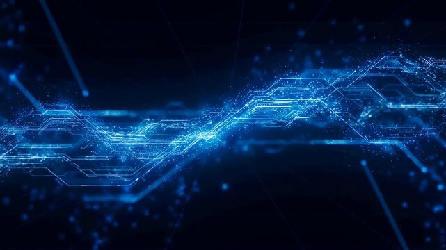 Static shot of glowing blue digital circuit board lines and network nodes with light particles on dark technology background