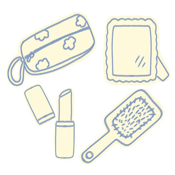 Handdrawn Line Art Illustration Beauty Content Creator | Pouch Bag, mirror, lipstick, Comb