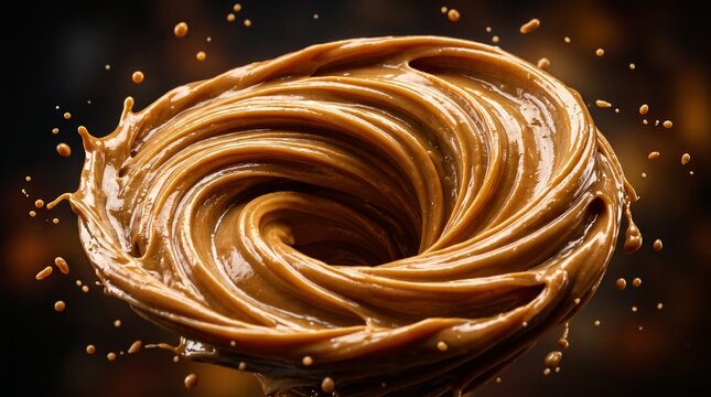 Swirling vortex of creamy peanut butter with splash droplets and texture on dark background