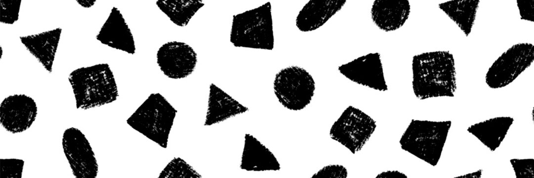 Monochrome seamless pattern with black crayon geometric shapes. Playful scattered hand drawn chalk rectangle, square, circle, triangle. Fun print for children, naive handdrawn vector illustration