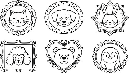 Fototapeta premium Cute set of hand drawn animal portraits inside decorative frames vector line art illustration