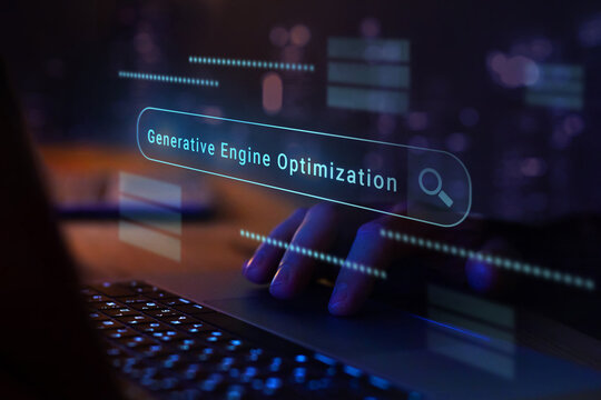 GEO generative engine optimization concept on virtual screen, AI search results.
