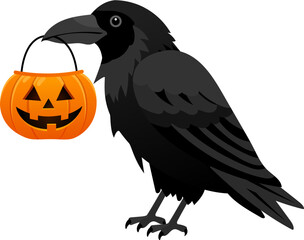 Fototapeta premium Halloween pumpkin crow black bird orange bucket jack o lantern spooky decoration autumn festival trick or treat Halloween symbol festive container