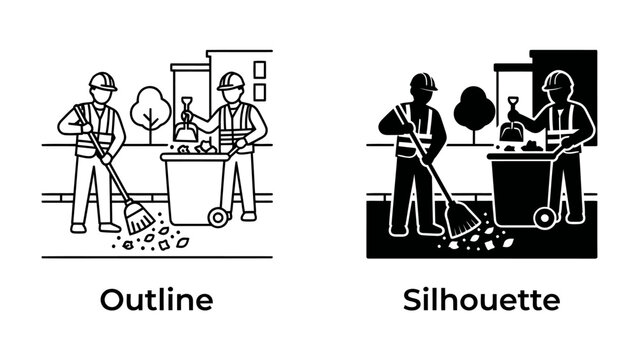 Sanitation Worker Duo: A pair of sanitation workers, one in outline and the other in silhouette, diligently sweep a street.