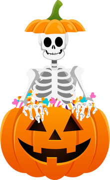 Halloween skeleton with pumpkin hat and candy inside carved pumpkin, festive and playful holiday decoration with bright orange and colorful sweets