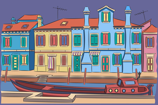 Colorful Traditional Houses Along Canal in Burano Venice Italy Vector Illustration