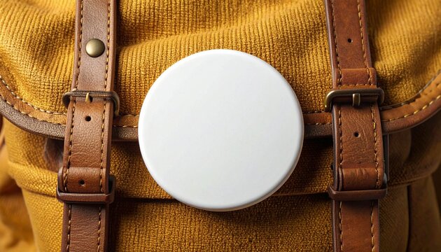 Close-up white Circle badge on a brown canvas backpack. Blank round pin mockup of clothing