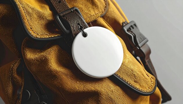 Close-up white Circle badge on a brown canvas backpack. Blank round pin mockup of clothing