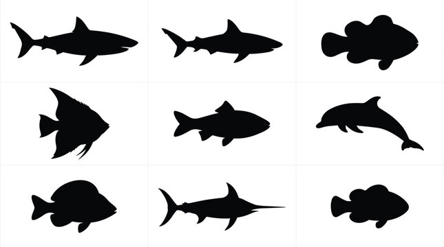 Collection of marine sea life vector shapes representing various fish species sharks a dolphin and a swordfish (17 words)