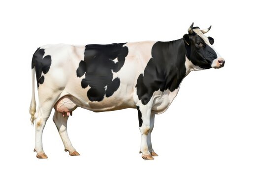 Full Length Side View of a Black and White Holstein Cow Isolated on White Background for Dairy Farming and Livestock Concepts