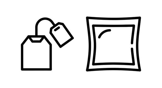Tea bag and square food packaging wrapper icon set for beverage preparation and food storage concepts with beverage infusion container steeping refreshment minimalist preparation