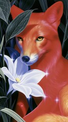Fototapeta premium Vibrant fox with a white flower, ideal for a mobile wallpaper.