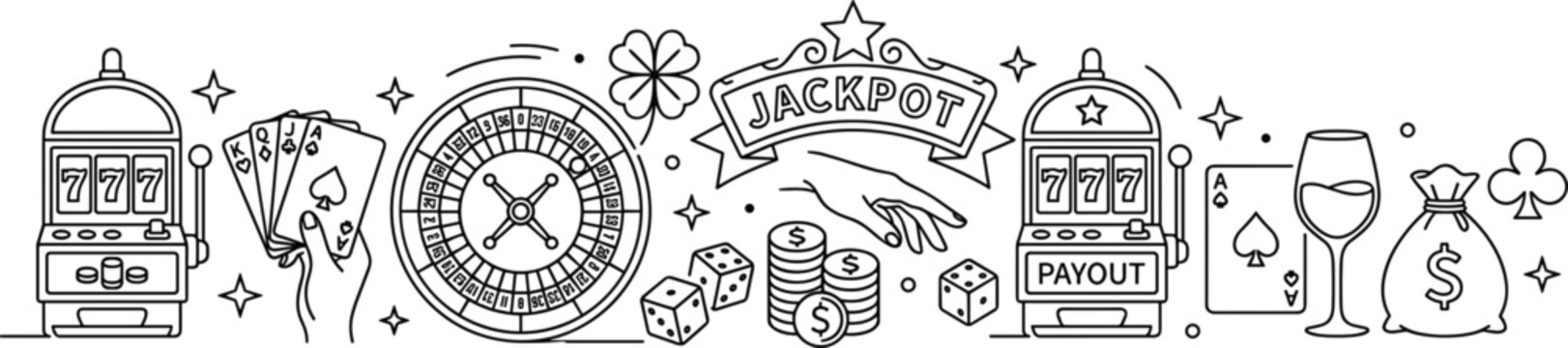 Horizontal linear banner design featuring casino gambling elements like slot machines roulette wheel poker cards and jackpot banner (17 words)