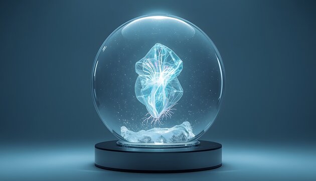 Glowing alien biological crystalline relic preserved in a high-tech cryogenic glass cylinder in a lab.