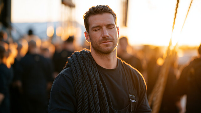 Rope rigger team at golden hour outdoor theater setup, crowd of stagehands moving equipment in warm amber light, one quiet figure in background pausing with eyes closed