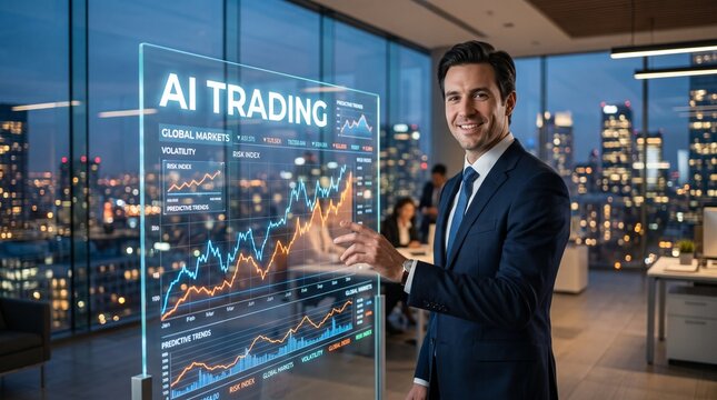 Smiling Business Man Using AI Trading Interface for Stock Market Predictor