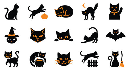 Obraz premium Set of cute black cat stickers for halloween featuring various poses and festive holiday elements isolated on a white background