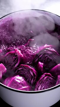 Red cabbage boiling in pot with steam rising