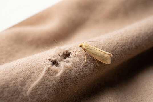 Clothes Moth Resting on Damaged Wool Fabric