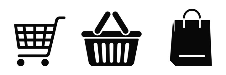 Shopping cart, basket and bag icon set, black shopping cart icons, shopping basket, shopping bag symbols, retail, e-commerce, minimal editable vector, isolated on transparent background. ©  