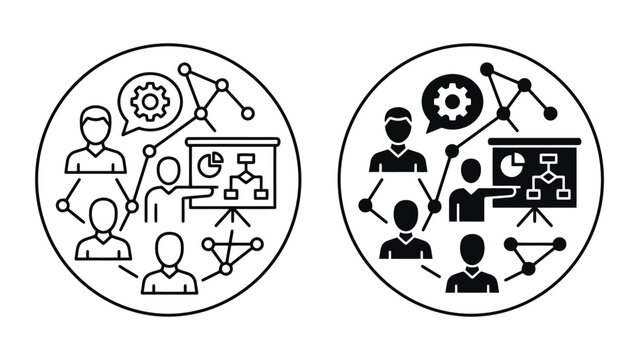 Business team collaboration and knowledge sharing network icon set with teamwork