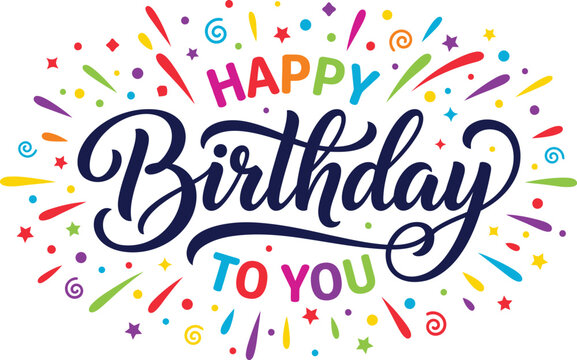 Happy birthday text in elegant navy blue cursive script surrounded by colorful flat vector graphic elements like stars and confetti