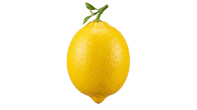 Single ripe yellow lemon with green leaf and png isolated on transparent background