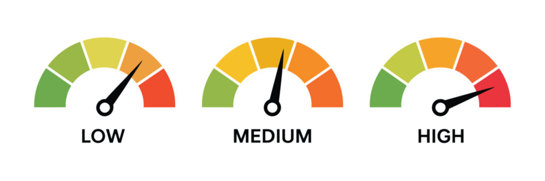 Gauge meter icon set, semi circular performance indicators, low, medium, high levels, black needles, green to red scale, speedometer, editable vector, isolated on transparent background.