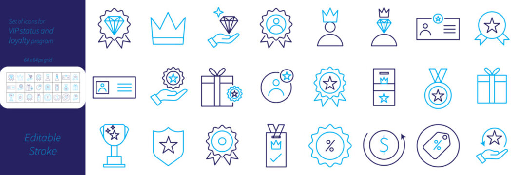 VIP Status and Loyalty Program duotone Icons Set &ndash; Premium Membership, Rewards, Crown, Diamond, Badge, Medal, Gift, Trophy and Exclusive Member Symbols with Editable Stroke Vector Collection, blue