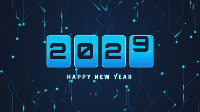 Happy new year 2027 digital clock animation on blue circuit board background with glowing light effect.