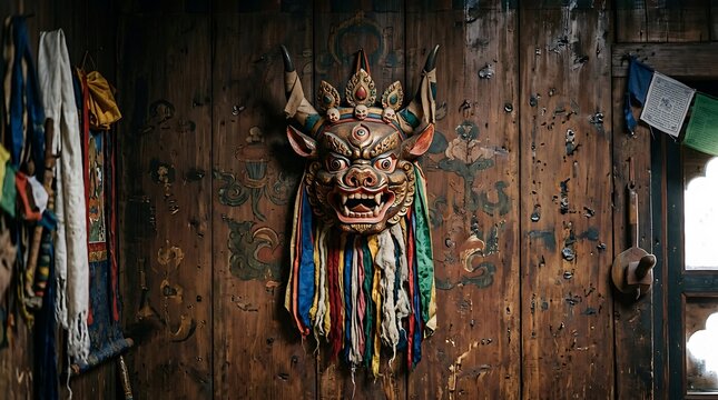 Traditional wrathful deity mask on a weathered wooden wall