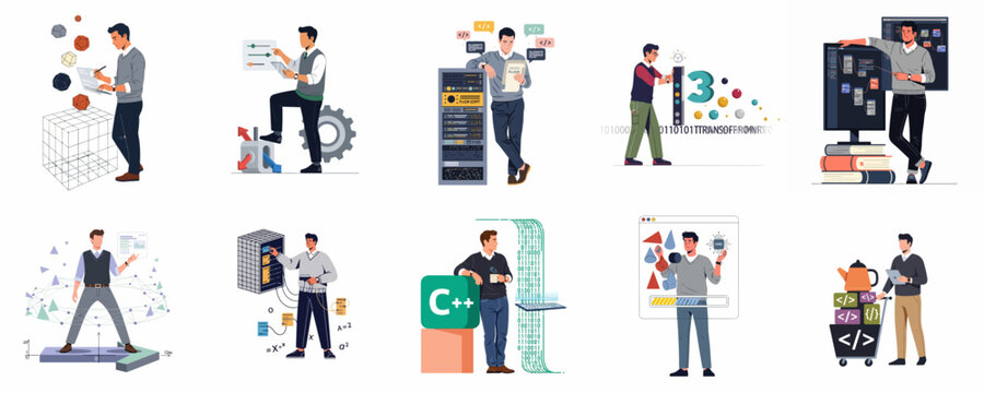 Set of flat vector illustrations featuring male professionals working in software development, data science, cloud computing, and advanced technology fields.