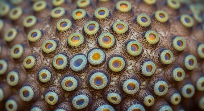 Close up of numerous vibrant patterned sea creature eyes with textured skin