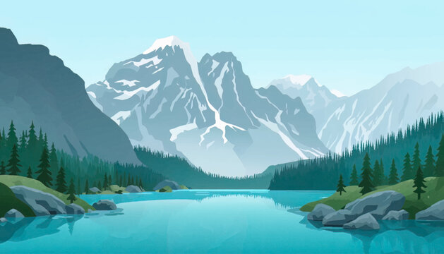 Vector illustration of a turquoise alpine lake surrounded by snowy mountains and pine forests. Perfect for outdoor branding, adventure campaigns, travel graphics, and scenic nature artwork.