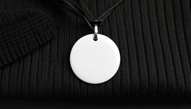 Close-up white Circle badge on a black sweater. Blank round pin mockup of clothing